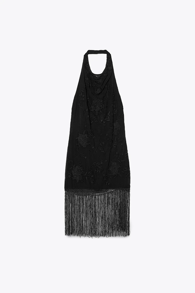 HALTER DRESS WITH EMBROIDERY AND FRINGE