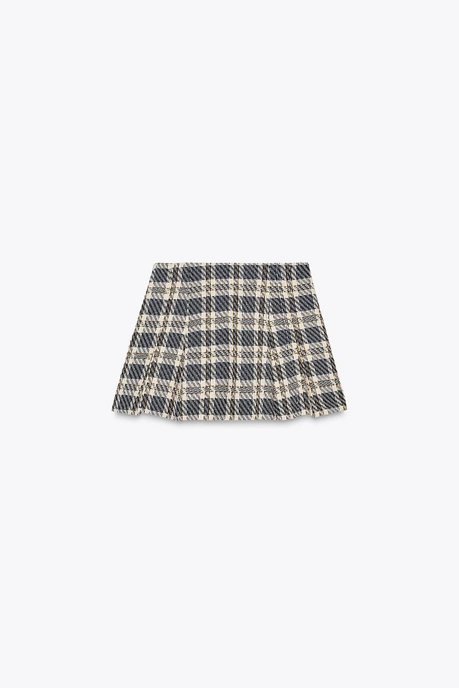 PLAID TEXTURED PLEATED SKORT