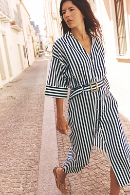 STRIPED LINEN MIDI DRESS