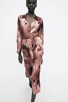 PRINTED SATIN MIDI DRESS WITH BELT
