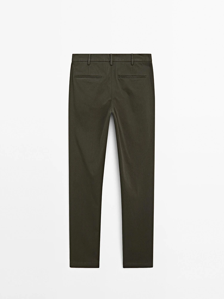 Cotton blend textured slim fit trousers