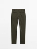 Cotton blend textured slim fit trousers