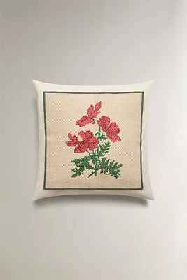 THROW PILLOW COVER WITH FLORAL EMBROIDERY