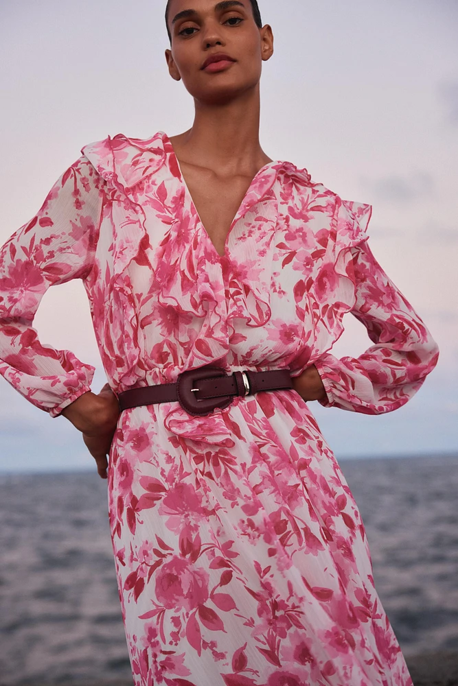BELTED PRINTED MIDI DRESS