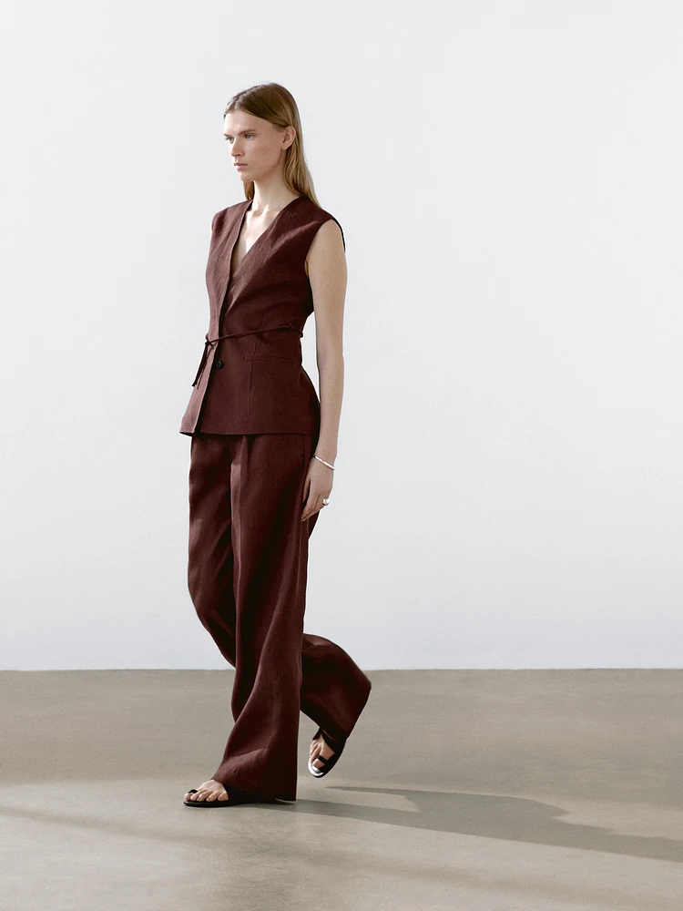Long 100% linen waistcoat with ribbons