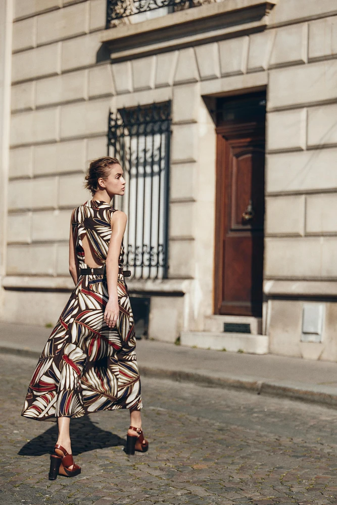 BELTED PRINTED MIDI DRESS