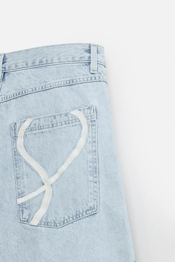 EMBROIDERED BAGGY FIT DENIM SHORTS