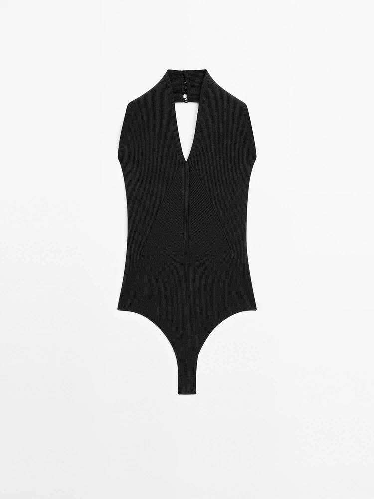 Knit halter bodysuit with V-neck - STUDIO