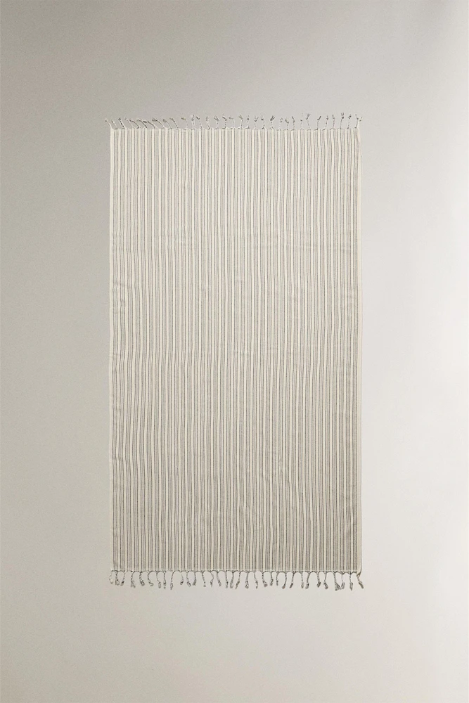 STRIPED COTTON BEACH TOWEL WITH FRINGING