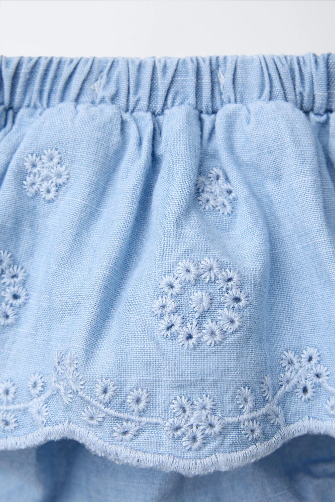 EMBROIDERED RUFFLE DENIM BOTTOMS