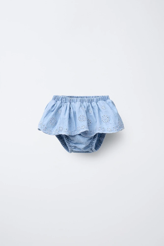 EMBROIDERED RUFFLE DENIM BOTTOMS