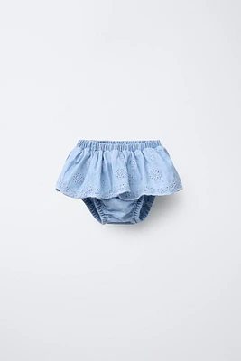 EMBROIDERED RUFFLE DENIM BOTTOMS