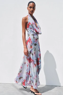 PRINTED MIDI HALTER DRESS