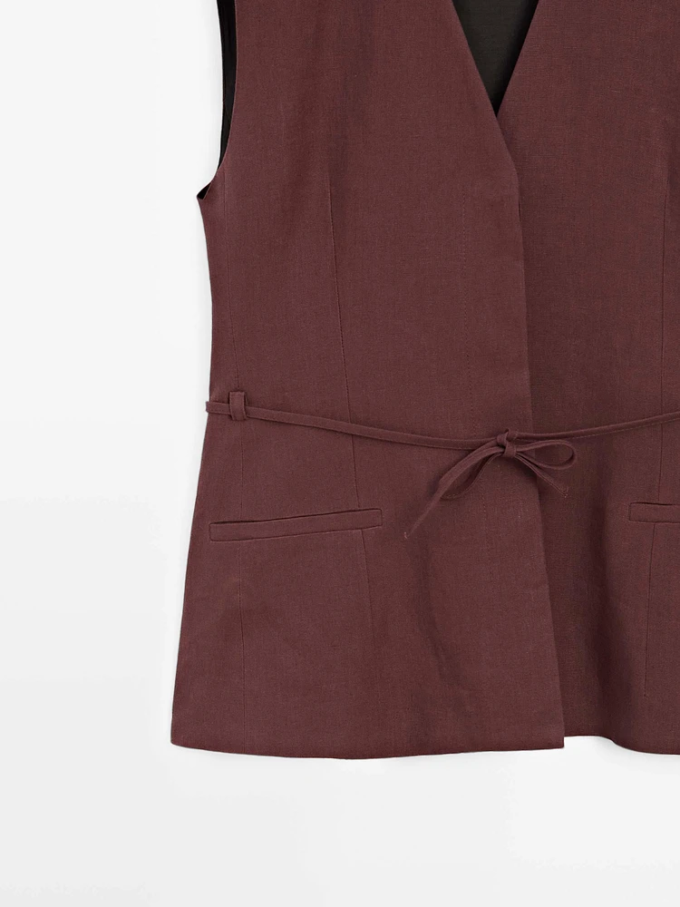 Long 100% linen waistcoat with ribbons