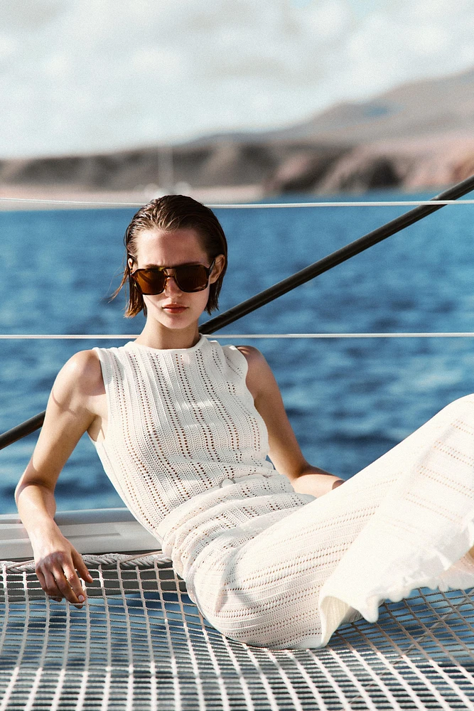POINTELLE KNIT MIDI DRESS WITH BELT