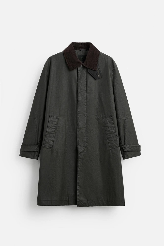 WAXED TRENCH COAT WITH CONTRAST COLLAR