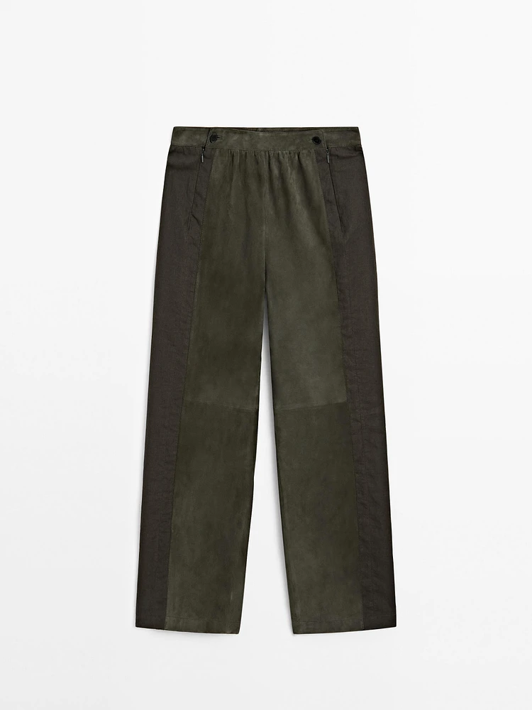 Pantalon en cuir effet daim et lin