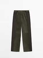 Suede leather trousers with linen detail