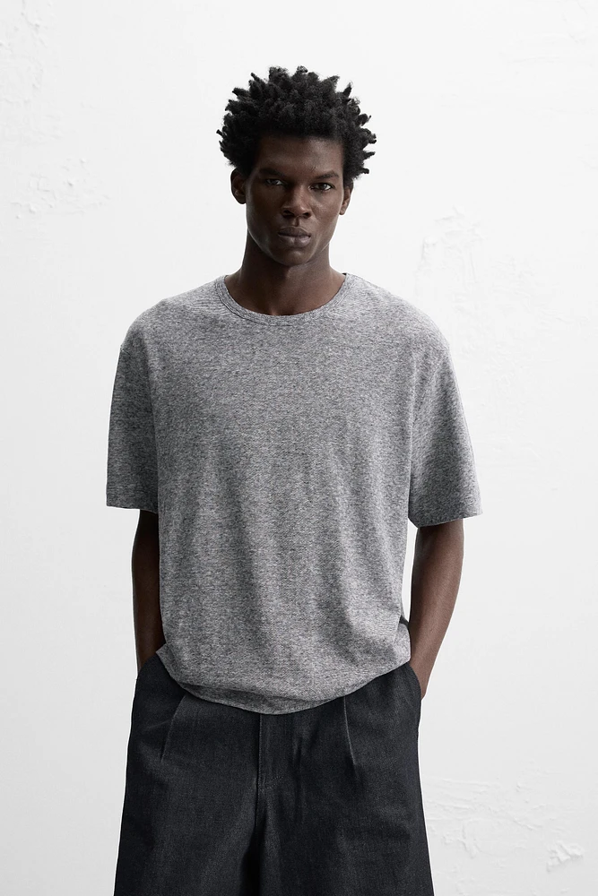 STRIPED COTTON LINEN BLEND T-SHIRT