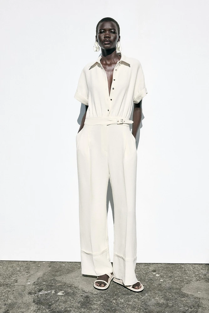 CREPE LONG JUMPSUIT WITH WAIST BUCKLE