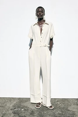 CREPE LONG JUMPSUIT WITH WAIST BUCKLE