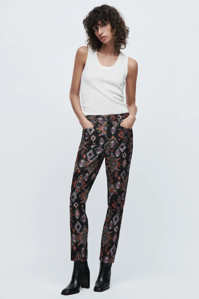 ZARA Cotton Navy Floral Print Trousers With Belt sz 10 | eBay