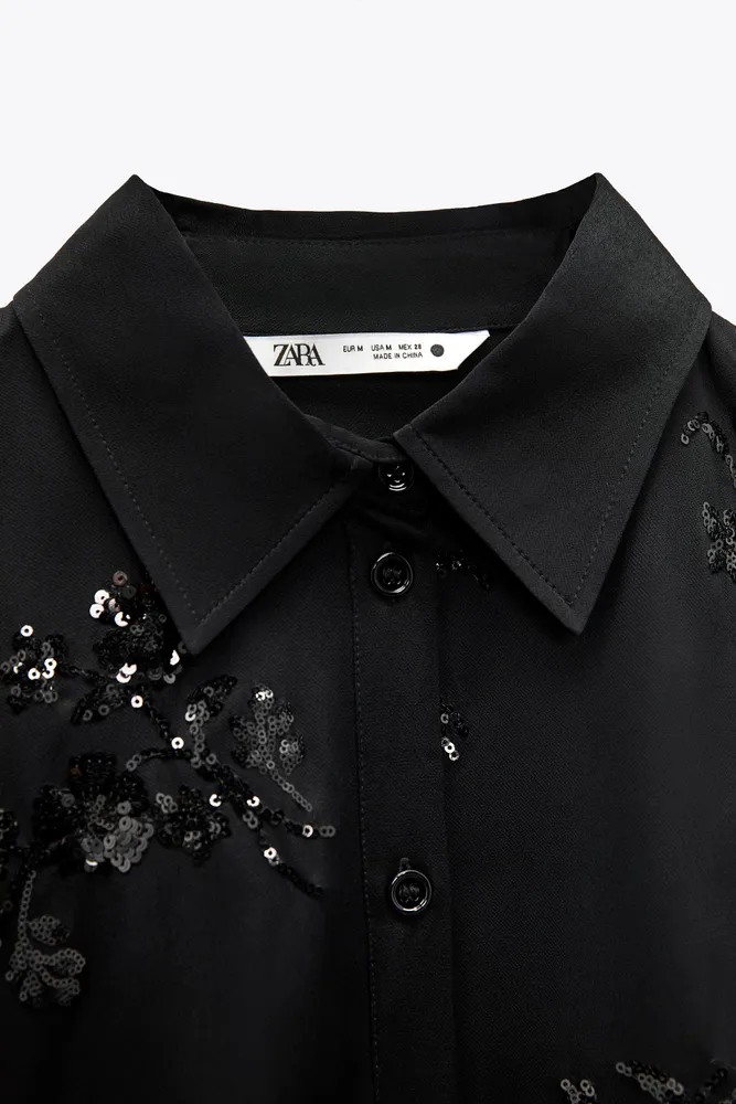 NEW ZARA BLACK EMBROIDERED SHIRT WITH SEQUINS 2731/279 CAMISA NEGRA  LENTEJUELAS