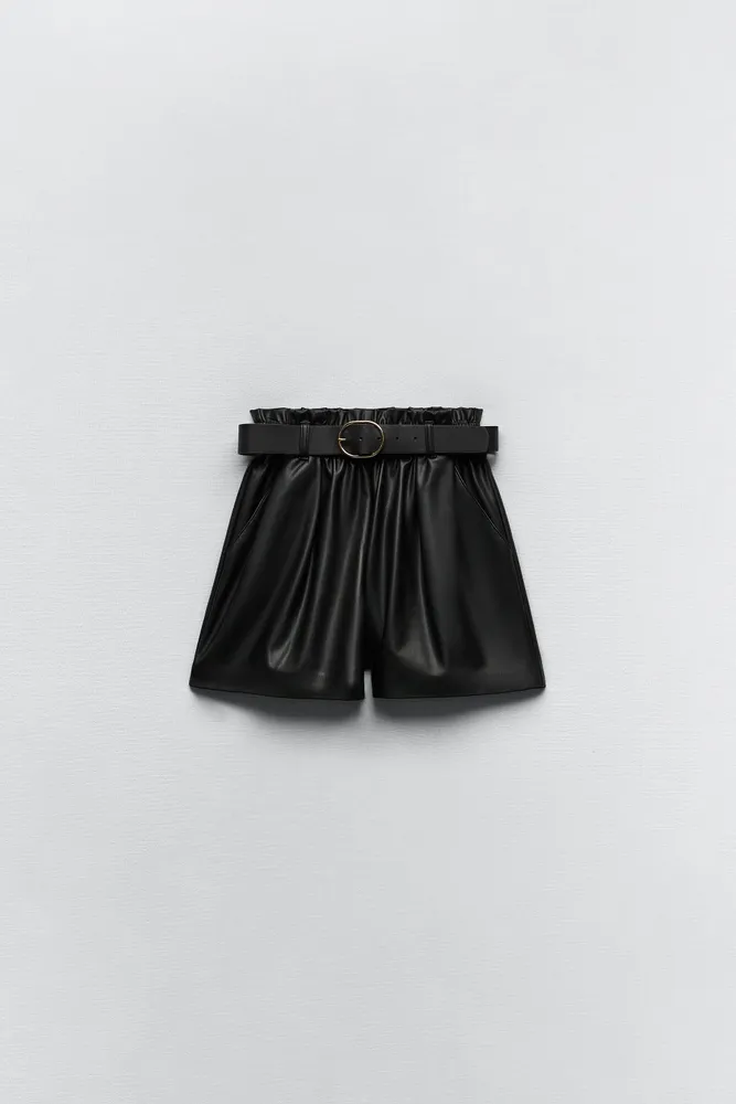 FAUX LEATHER BELTED PAPERBAG SHORTS
