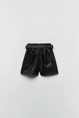 FAUX LEATHER BELTED PAPERBAG SHORTS
