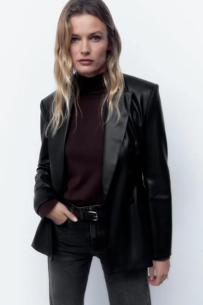 FAUX LEATHER DOUBLE BREASTED BLAZER
