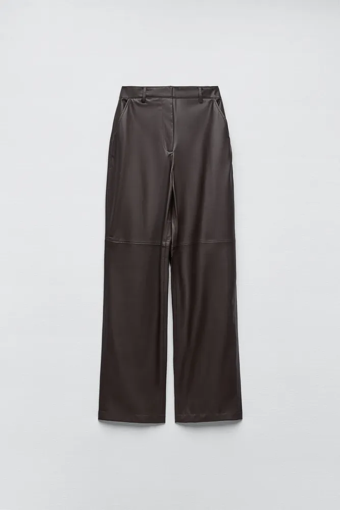 Zara BELTED PLEATED FAUX LEATHER PANTS