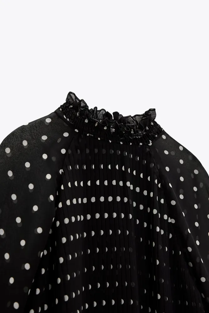 Zara POLKA DOT PLEATED SEMI-SHEER BLOUSE