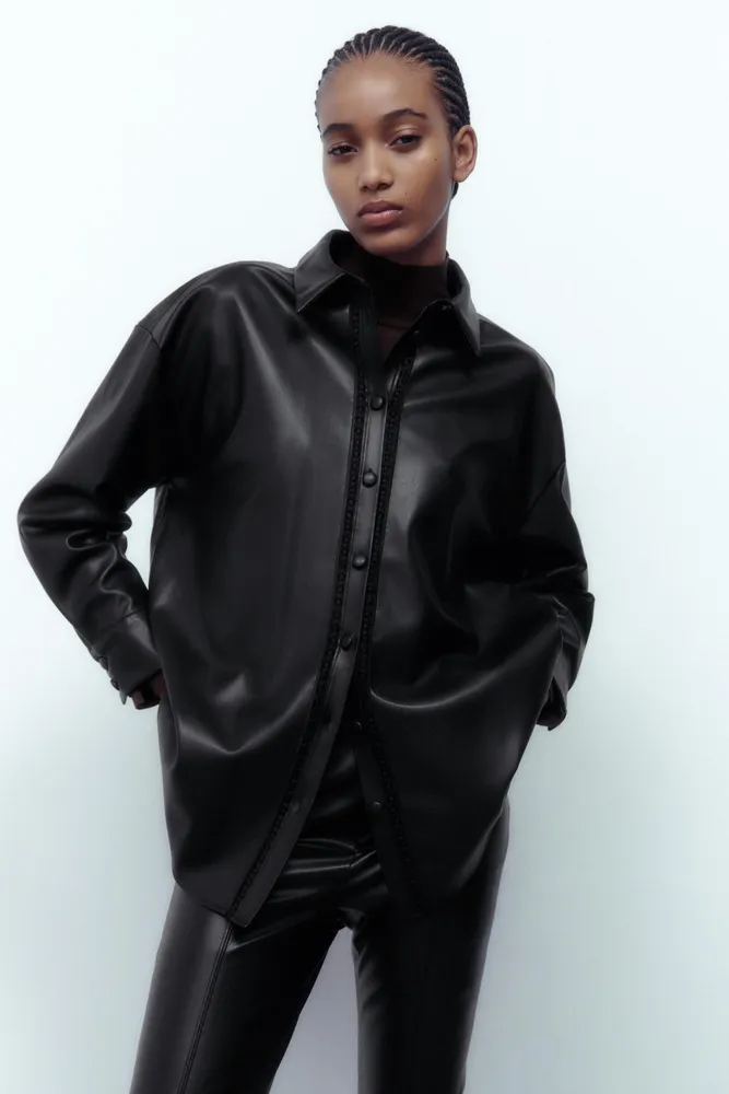 FAUX LEATHER OVERSHIRT WITH LACE INSERTS
