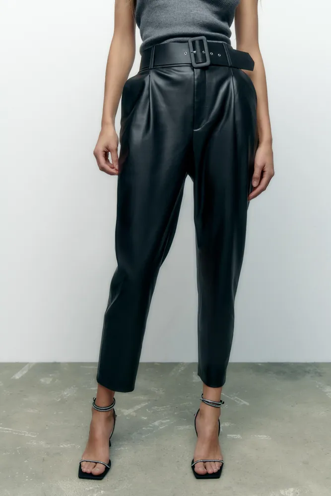 BELTED FAUX LEATHER PANTS