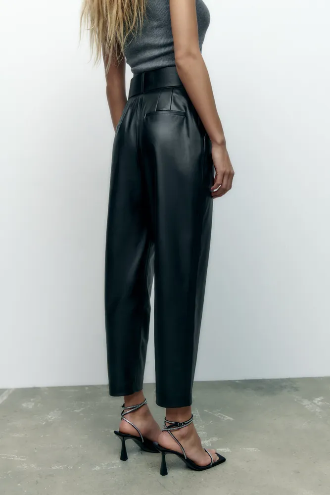 BELTED FAUX LEATHER PANTS