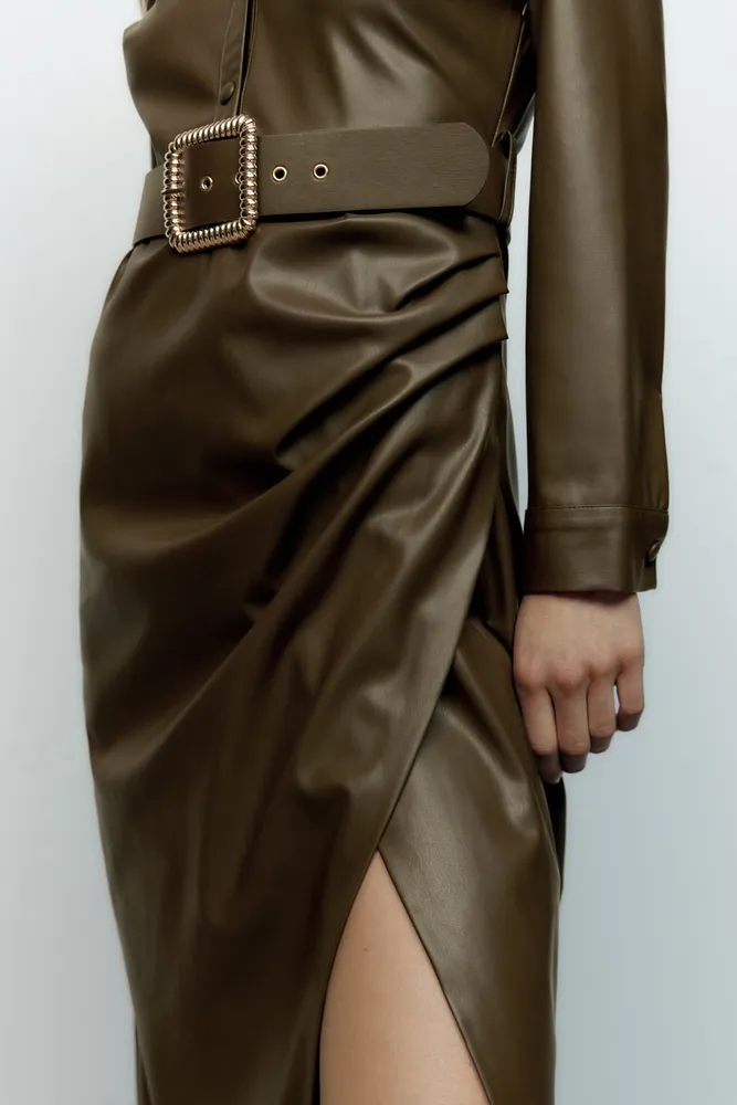 BELTED FAUX LEATHER DRESS