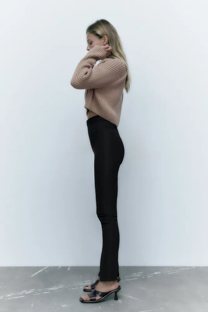 Zara Brown Leggings High Rise Ribbed Knit Side Zipper XS | eBay