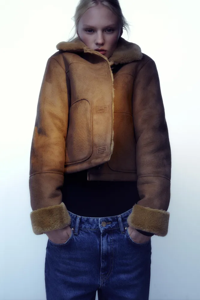 double faced cropped faux suede jacket