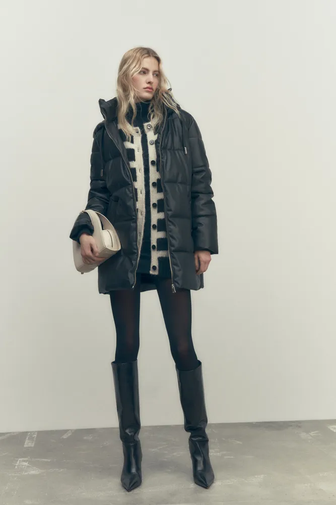 WIND PROTECTION FAUX LEATHER PUFFER COAT