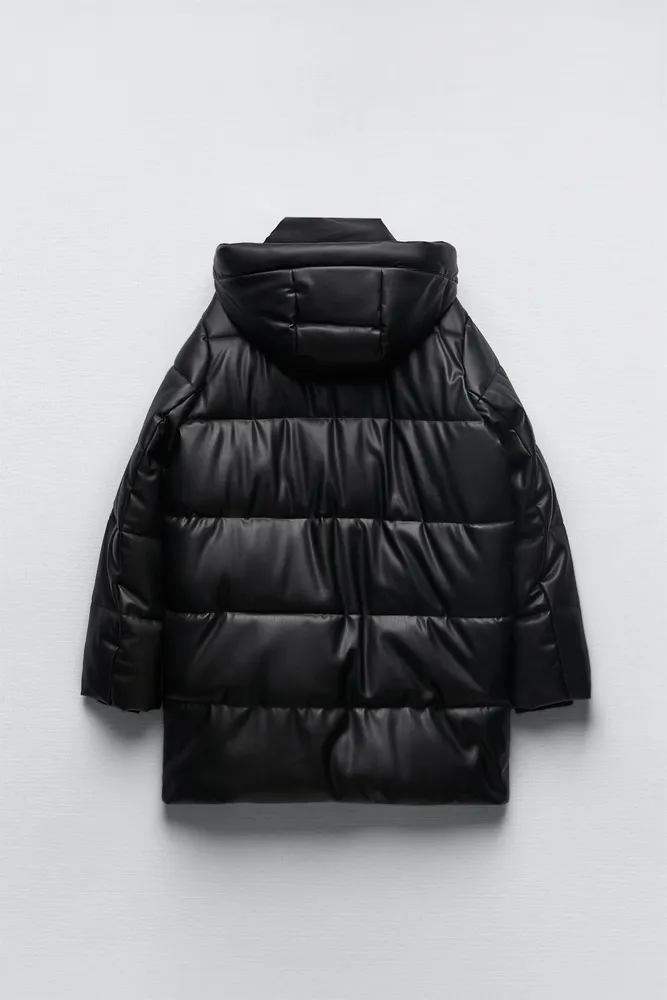 WIND PROTECTION FAUX LEATHER PUFFER COAT