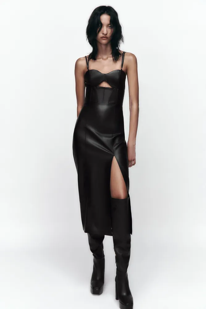 TOPSTITCHED FAUX LEATHER DRESS