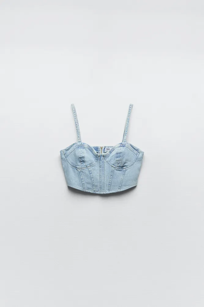 Zara denim top corset, Women's Fashion, Tops, Blouses on Carousell