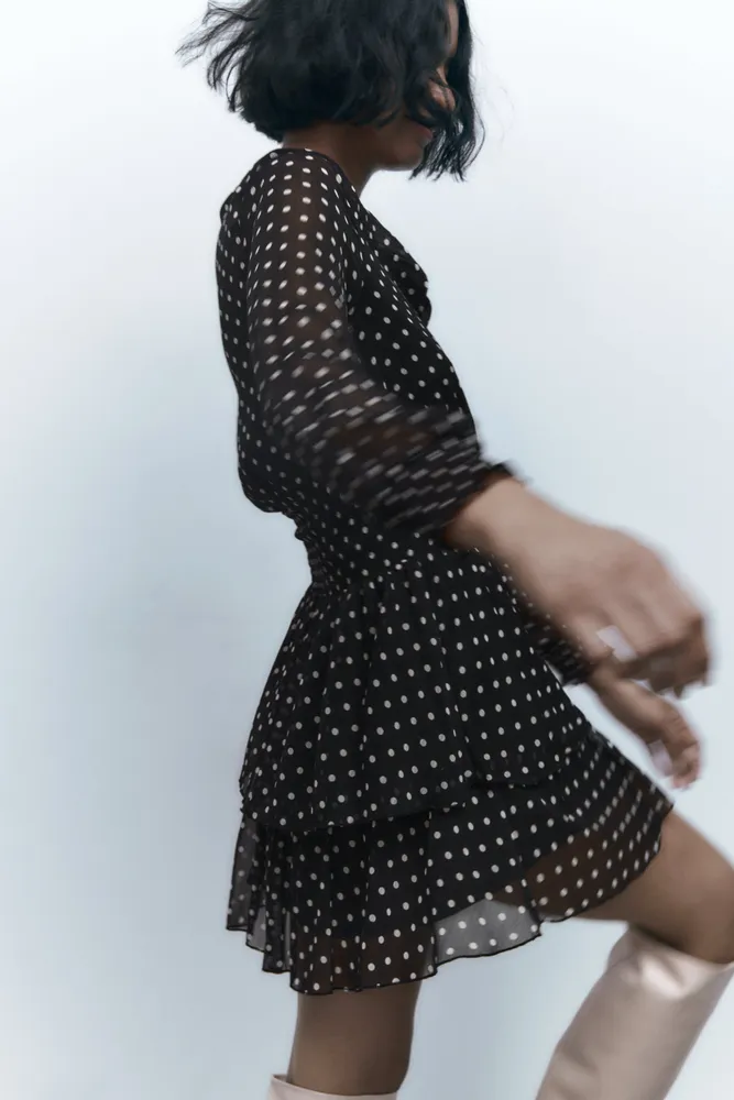 NWT Zara Ruffled Polka Dot Blouse, XS, white/black