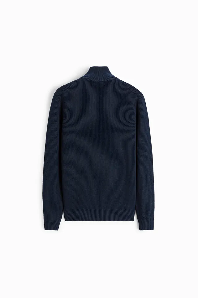Zara Knit Navy Blue Ribbed Sweater Mock Neck M - Gem