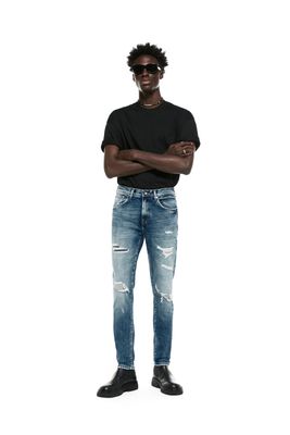 TOPSTITCHED RIPPED JEANS