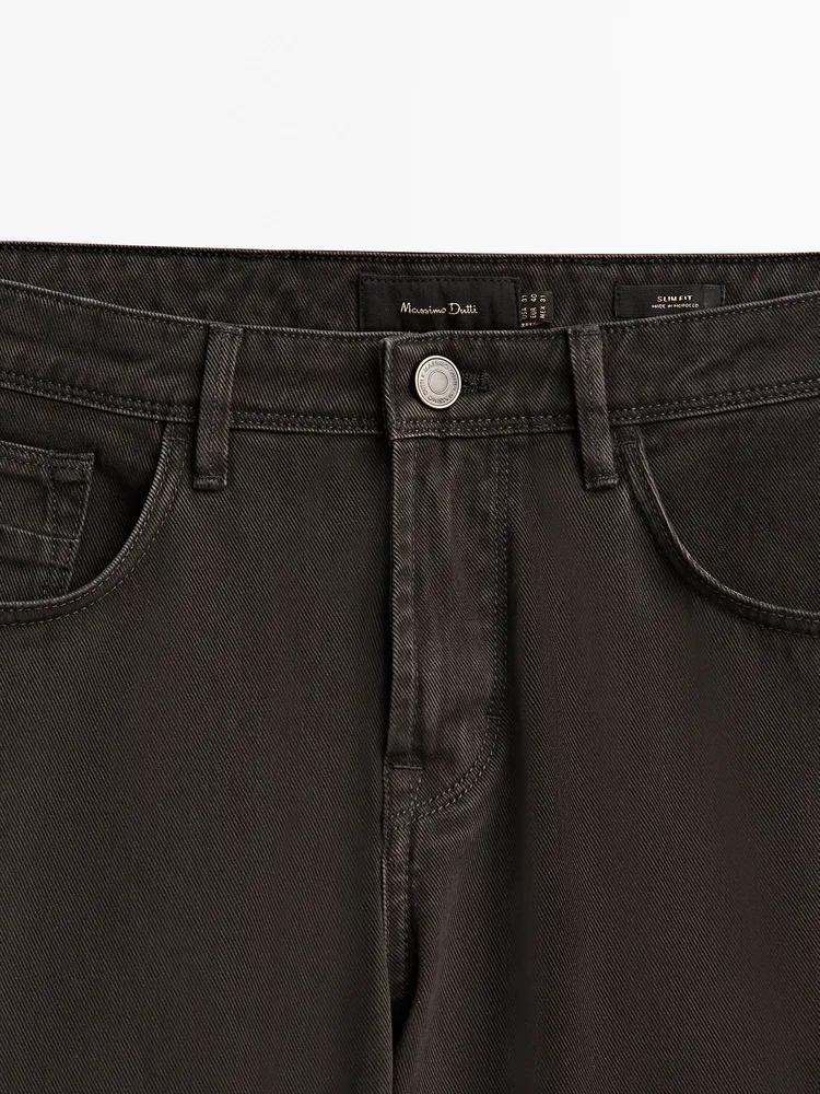 Slim-fit cotton denim-effect trousers