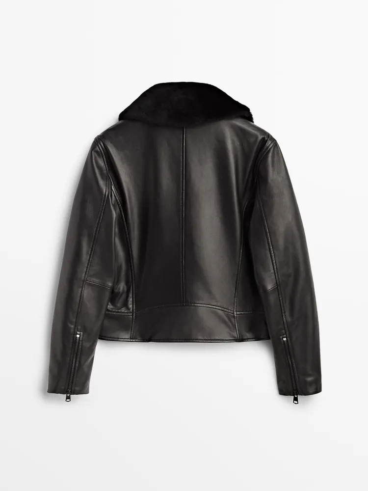 Leather biker jacket with detachable collar