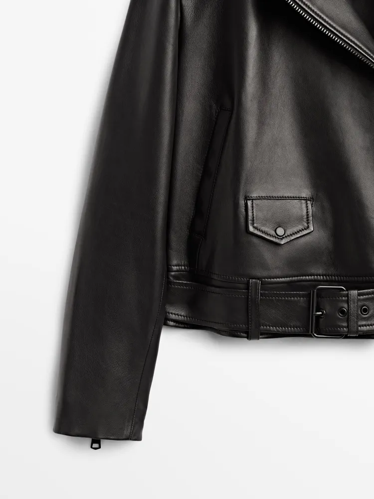 Leather biker jacket with detachable collar