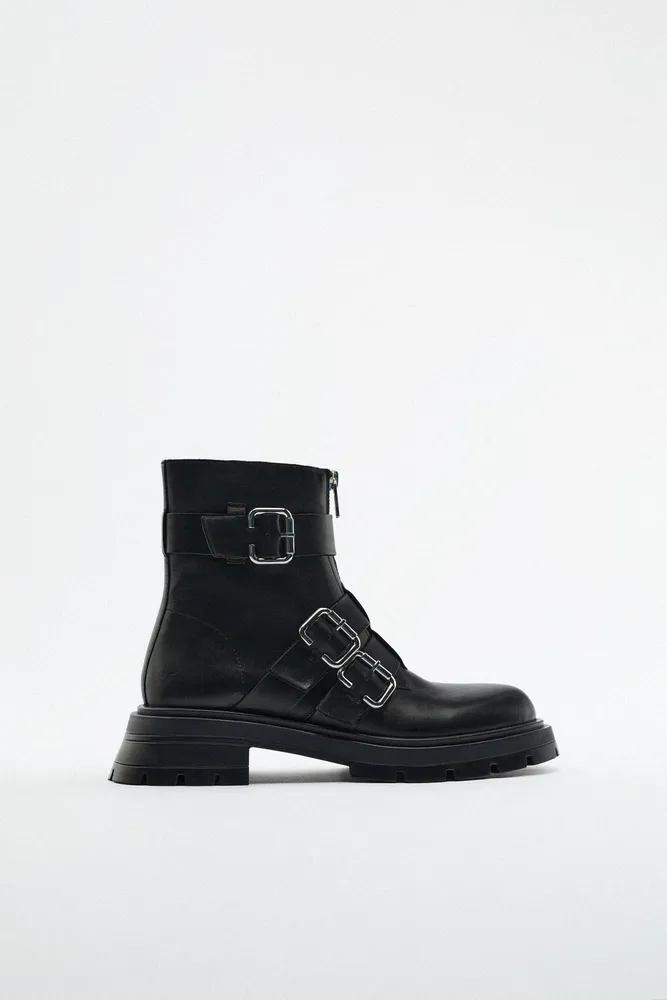 LOW HEELED LEATHER ANKLE BOOTS WITH BUCKLES