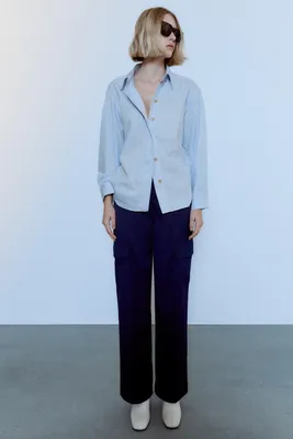 STRIPED POPLIN SHIRT WITH SCRUNCHIE